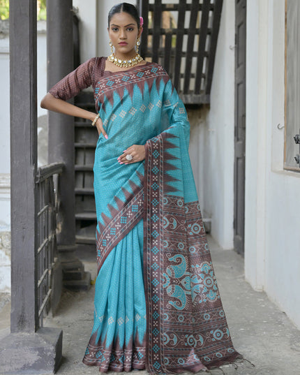 Firozi Soft Tussar Silk Zari Woven Saree For Festival