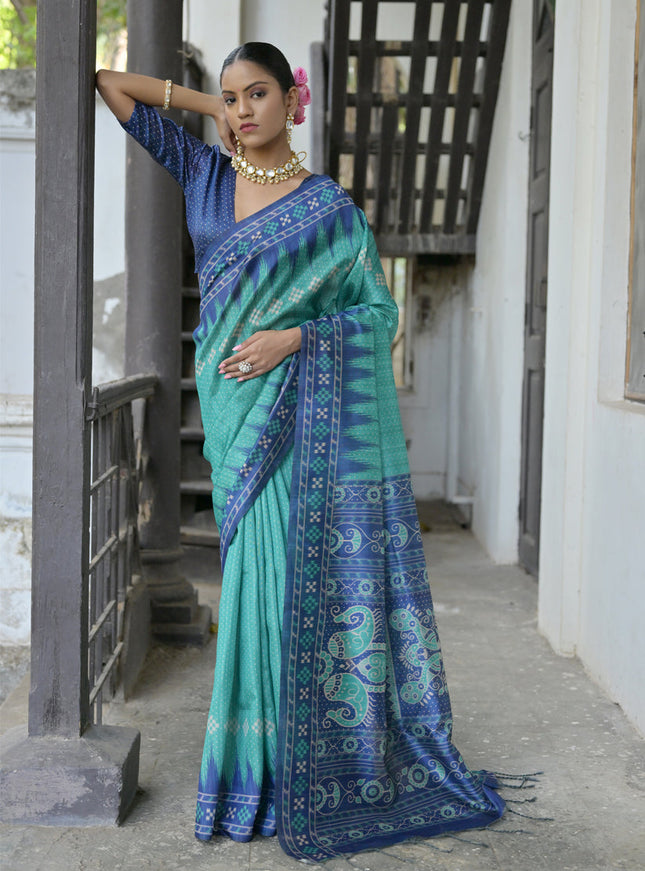 Rama Green Soft Tussar Silk Zari Woven Saree For Festival
