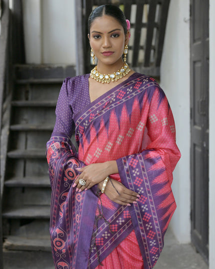 Coral Pink Soft Tussar Silk Zari Woven Saree For Festival