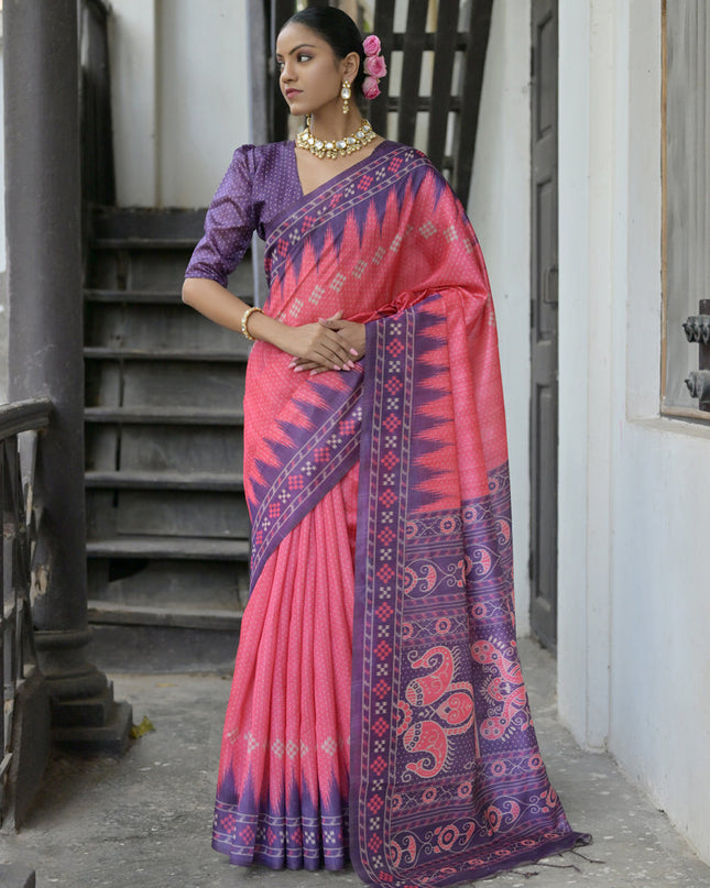 Coral Pink Soft Tussar Silk Zari Woven Saree For Festival