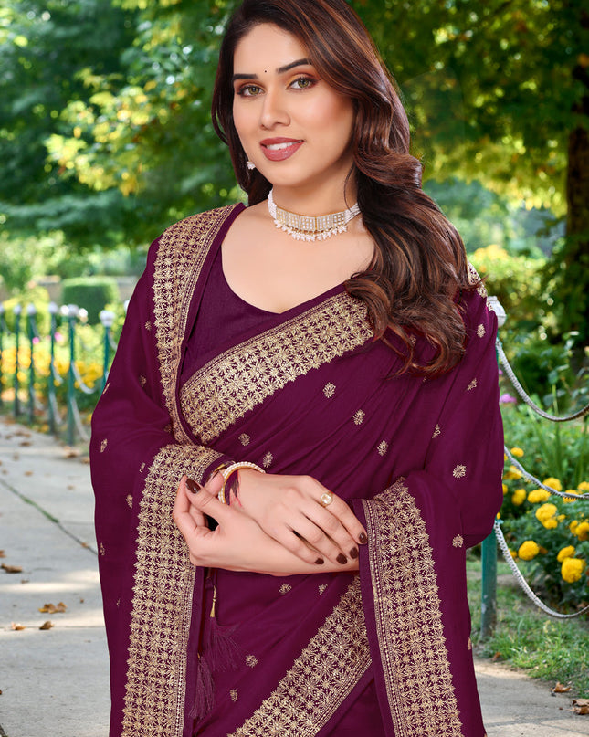 Wine Silk Georgette Embroidered Saree