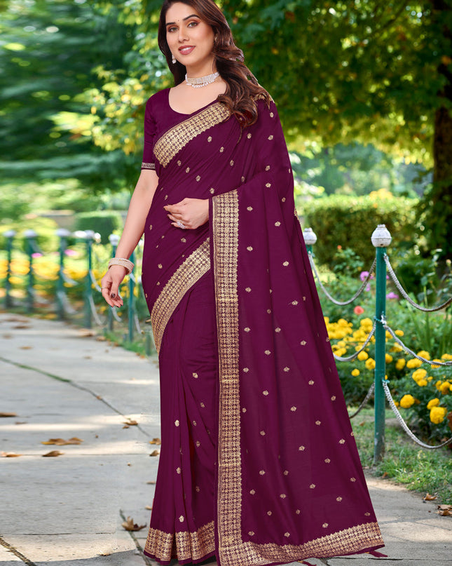 Wine Silk Georgette Embroidered Saree
