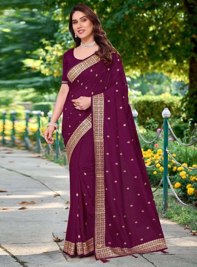 Wine Silk Georgette Embroidered Saree