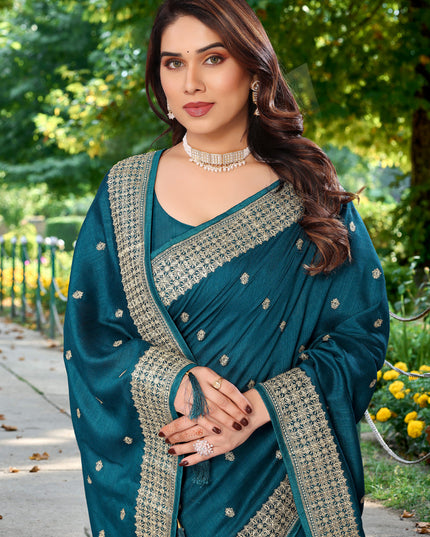Peacock Blue Silk Georgette Embroidered Saree