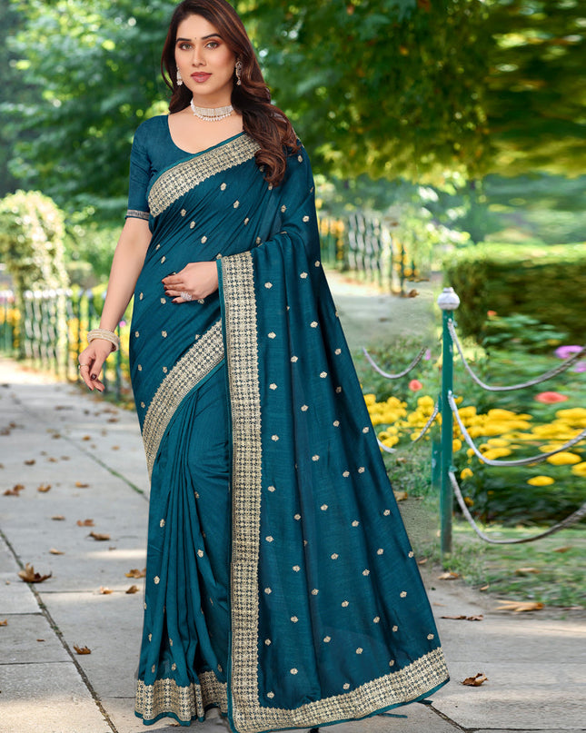 Peacock Blue Silk Georgette Embroidered Saree