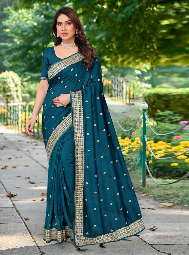 Peacock Blue Silk Georgette Embroidered Saree