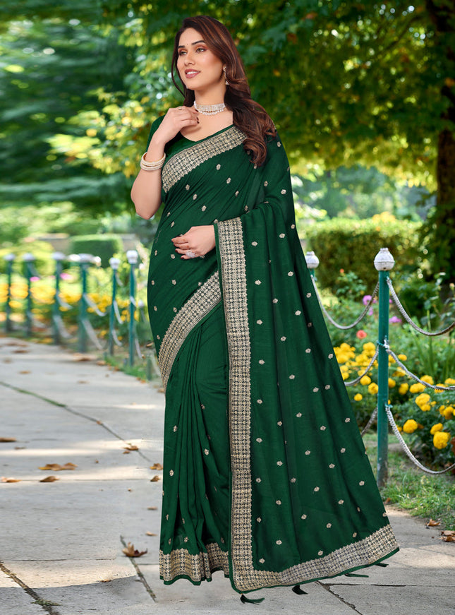 Forest Green Silk Georgette Embroidered Saree