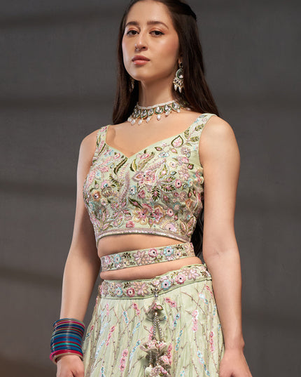 Pastel Green Chiffon Embroidered Designer Wedding Lehenga Choli