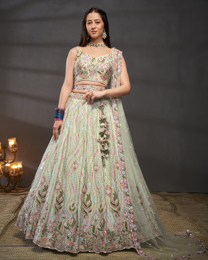 Pastel Green Chiffon Embroidered Designer Wedding Lehenga Choli