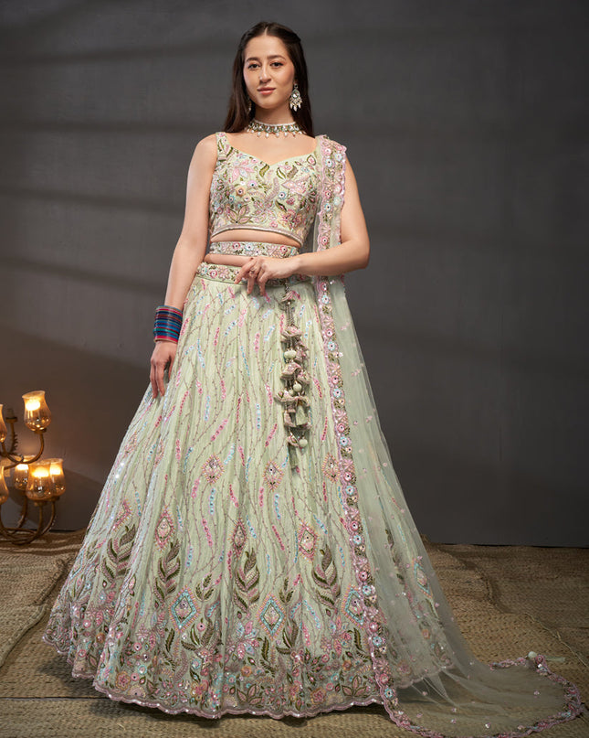 Pastel Green Chiffon Embroidered Designer Wedding Lehenga Choli