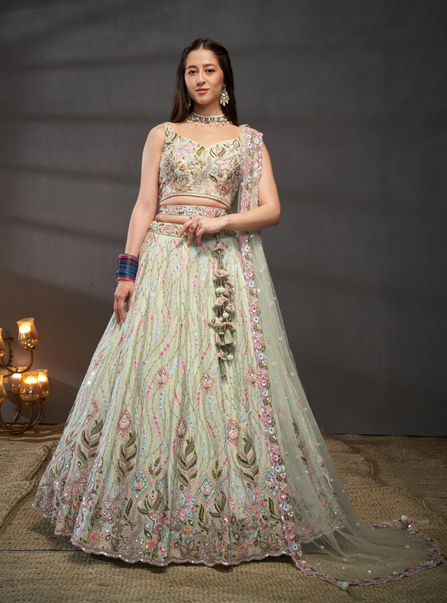 Pastel Green Chiffon Embroidered Designer Wedding Lehenga Choli