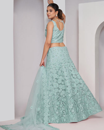 Sky Blue Soft Net Embroidered Wedding Lehenga Choli
