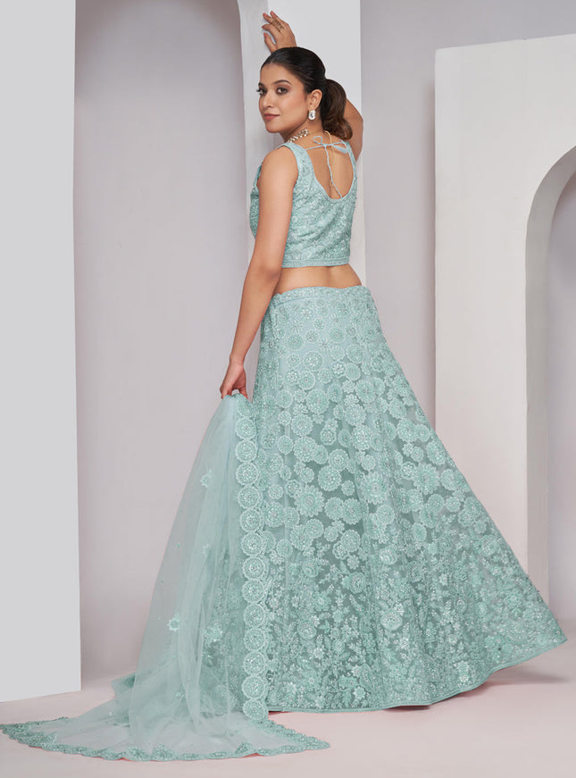 Sky Blue Soft Net Embroidered Wedding Lehenga Choli