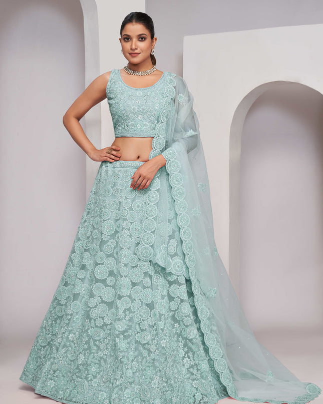 Sky Blue Soft Net Embroidered Wedding Lehenga Choli