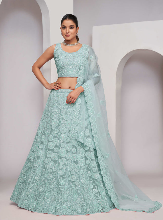 Sky Blue Soft Net Embroidered Wedding Lehenga Choli