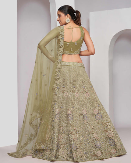 Olive Green Soft Net Embroidered Wedding Lehenga Choli