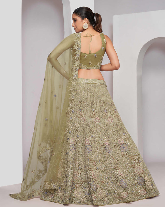 Olive Green Soft Net Embroidered Wedding Lehenga Choli