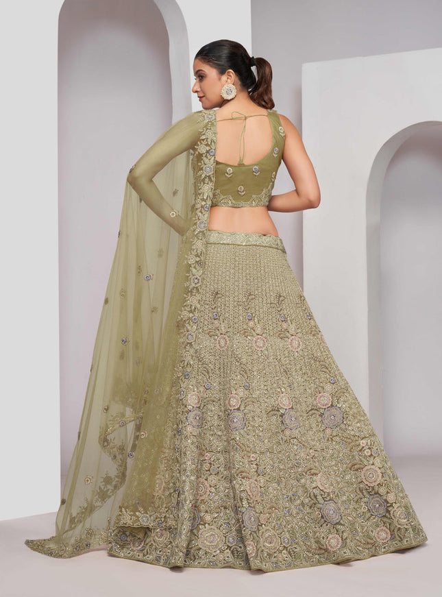 Olive Green Soft Net Embroidered Wedding Lehenga Choli
