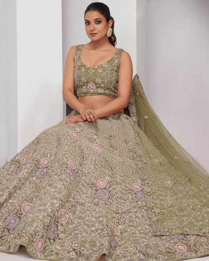 Olive Green Soft Net Embroidered Wedding Lehenga Choli