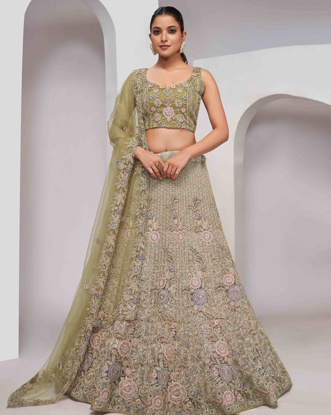 Olive Green Soft Net Embroidered Wedding Lehenga Choli