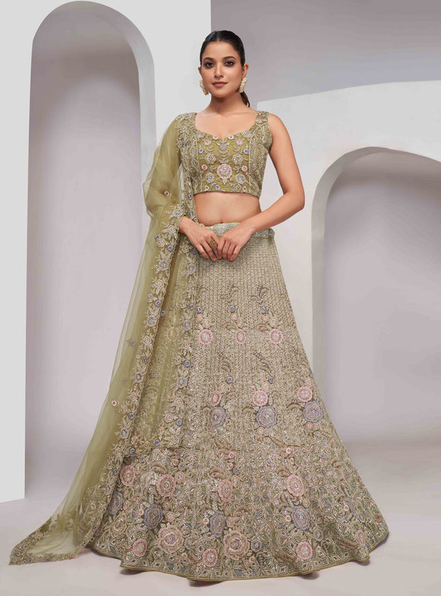 Olive Green Soft Net Embroidered Wedding Lehenga Choli