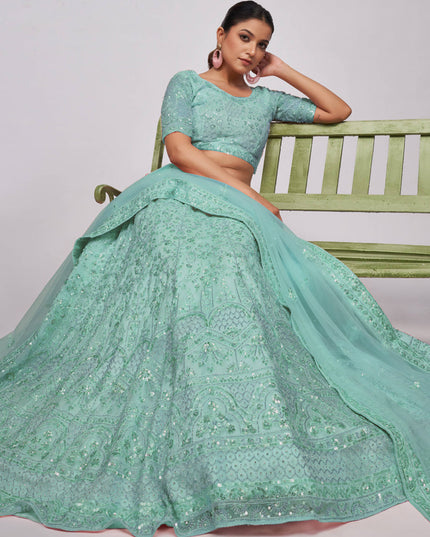 Mint Green Soft Net Embroidered Wedding Lehenga Choli
