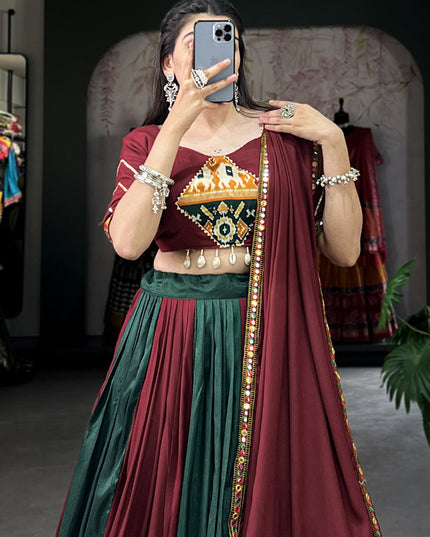 Maroon and Pine Green Rayon Gamthi Work Navratri Specials Chaniya Choli