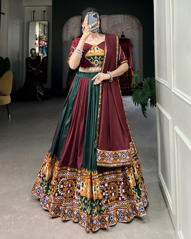 Maroon and Pine Green Rayon Gamthi Work Navratri Specials Chaniya Choli