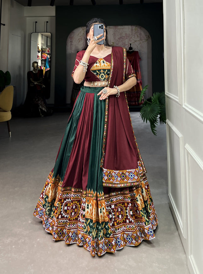 Maroon and Pine Green Rayon Gamthi Work Navratri Specials Chaniya Choli