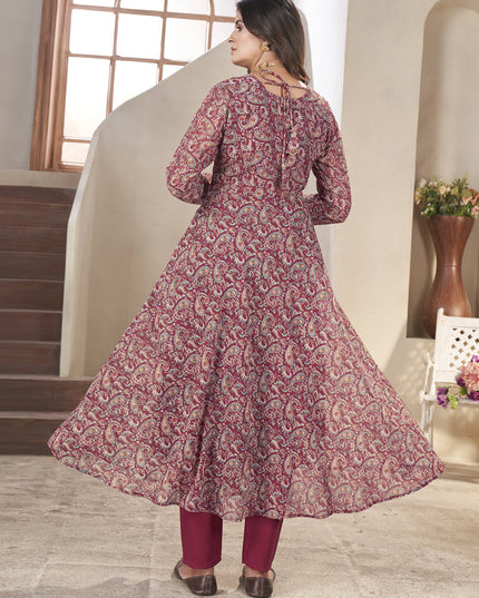 Maroon Georgette Printed Readymade Anarkali Suit
