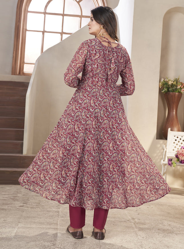 Maroon Georgette Printed Readymade Anarkali Suit