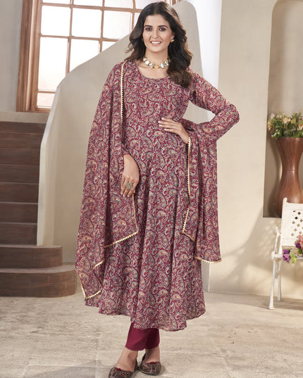 Maroon Georgette Printed Readymade Anarkali Suit