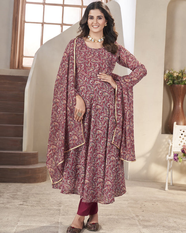 Maroon Georgette Printed Readymade Anarkali Suit