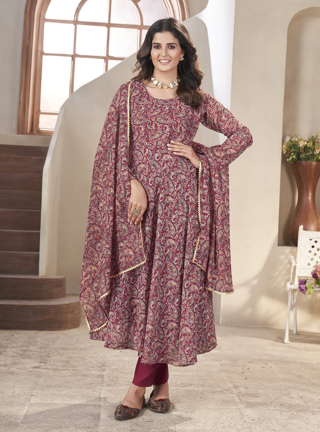 Maroon Georgette Printed Readymade Anarkali Suit