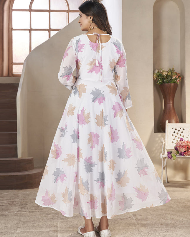 White Georgette Printed Gown wth Dupatta
