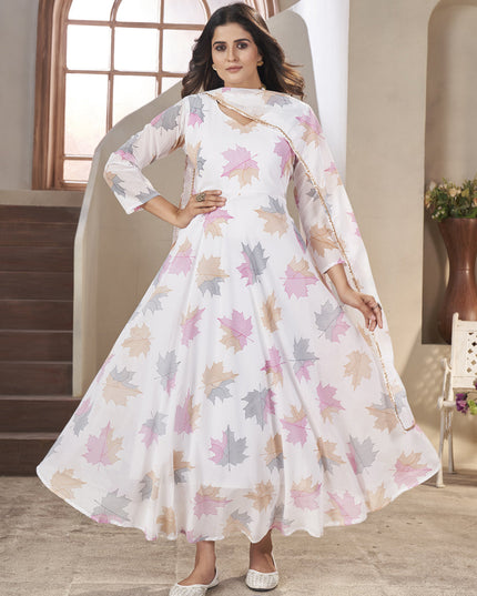 White Georgette Printed Gown wth Dupatta