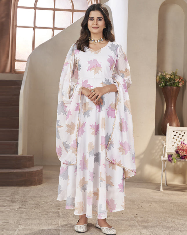 White Georgette Printed Gown wth Dupatta