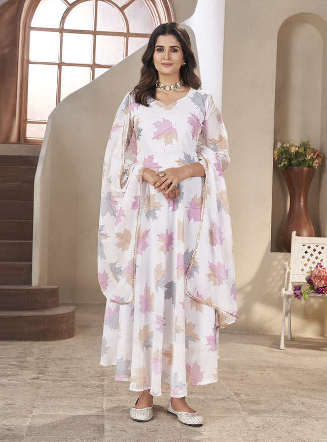 White Georgette Printed Gown wth Dupatta