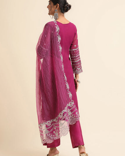 Purple Faux Georgette Embroidered Pant Kameez Suit