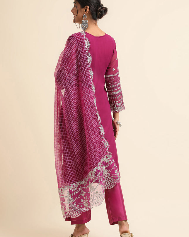 Purple Faux Georgette Embroidered Pant Kameez Suit