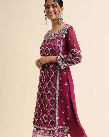 Purple Faux Georgette Embroidered Pant Kameez Suit