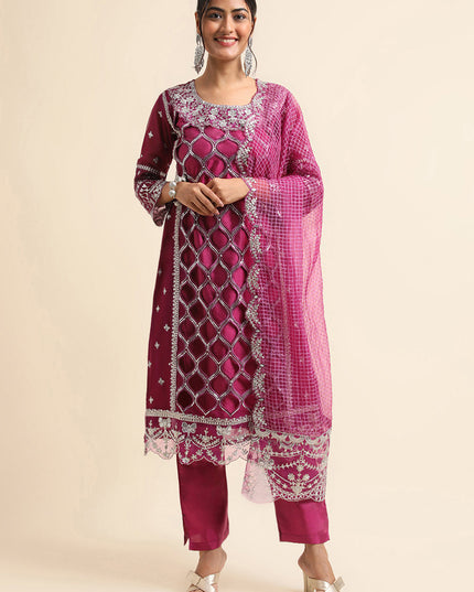 Purple Faux Georgette Embroidered Pant Kameez Suit