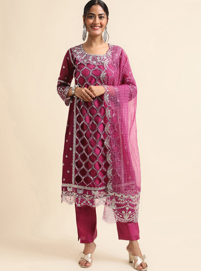 Purple Faux Georgette Embroidered Pant Kameez Suit