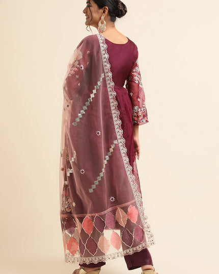 Wine Organza Embroidered Pant Kameez Suit