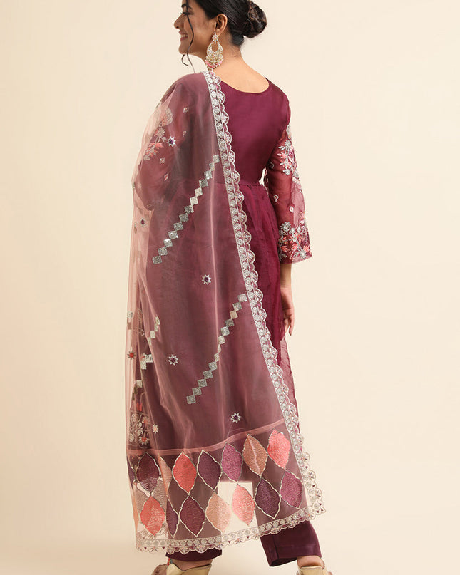 Wine Organza Embroidered Pant Kameez Suit