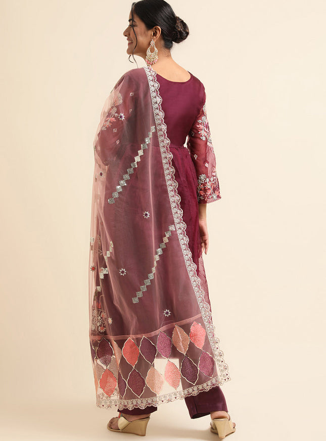Wine Organza Embroidered Pant Kameez Suit