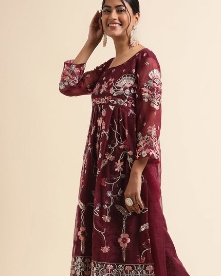 Wine Organza Embroidered Pant Kameez Suit