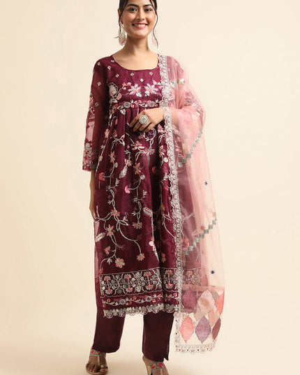 Wine Organza Embroidered Pant Kameez Suit
