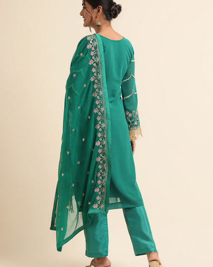 Green Faux Georgette Embroidered Pant Kameez Suit