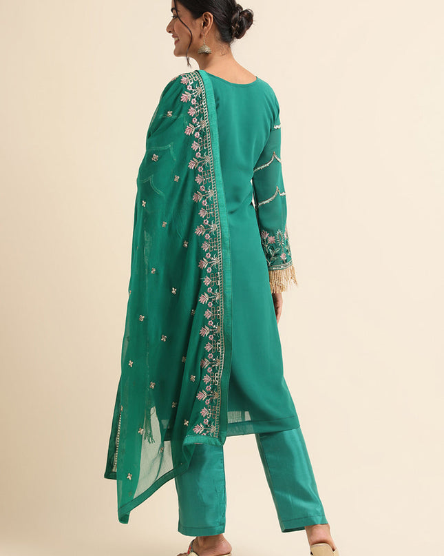 Green Faux Georgette Embroidered Pant Kameez Suit
